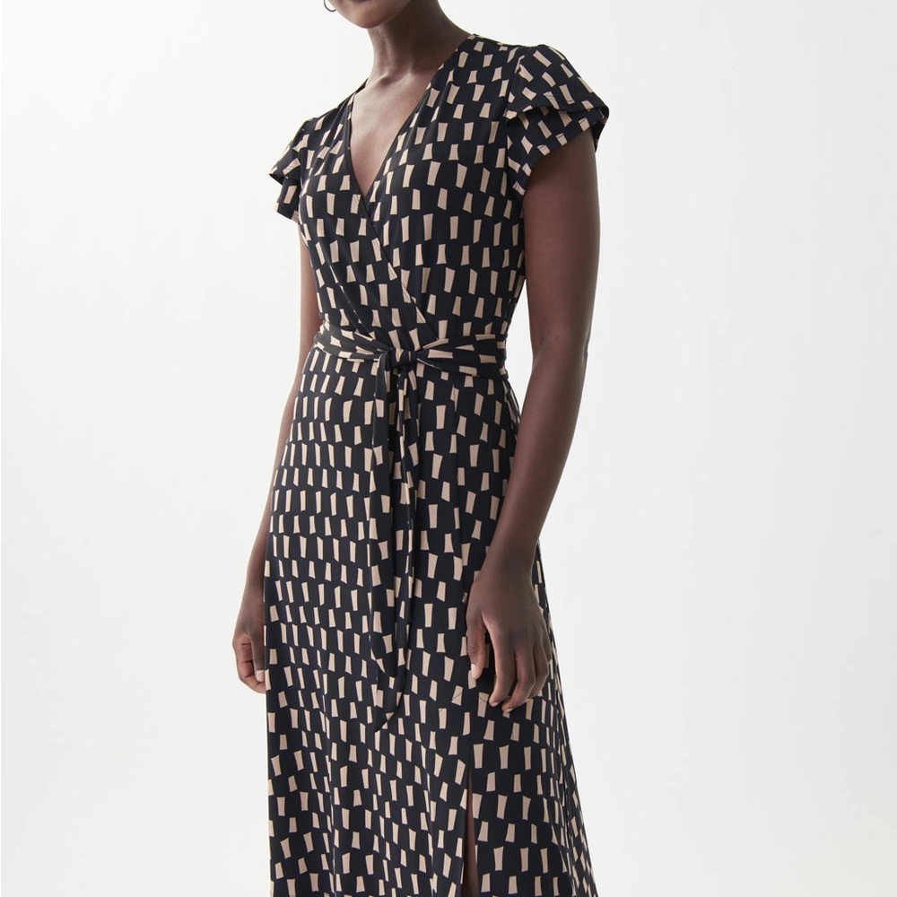Joseph Ribkoff Black and Beige Faux Wrap Midi Dress